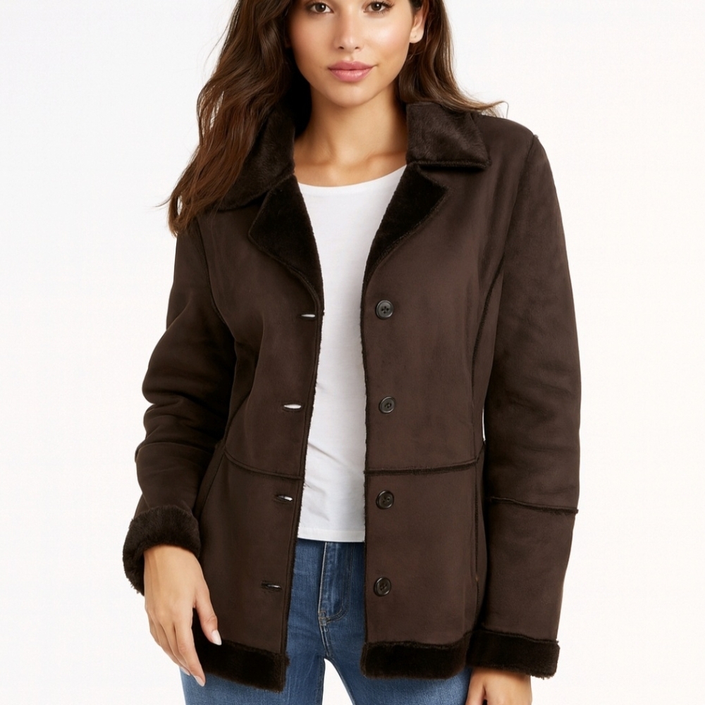 Fifi Collection Coat Women's Brown Faux Shearling Button Up Size M Soft …